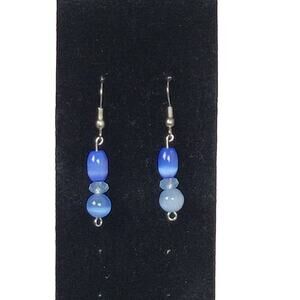 Dangle Earrings Blue Cats Eye Glass Bead Pierced Ears Oval Round Two Inch Drop